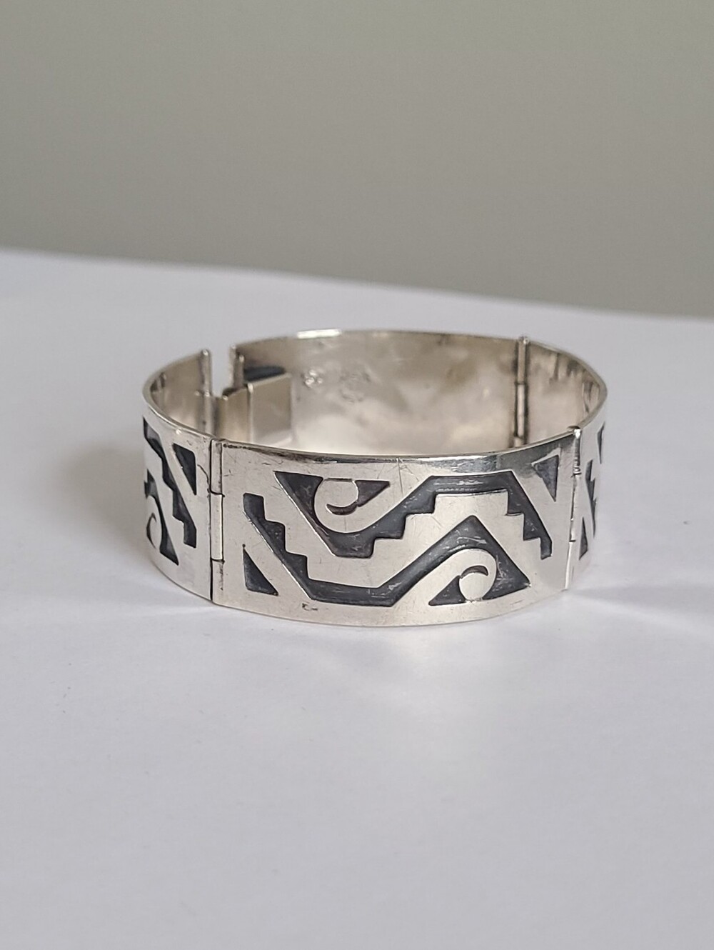 Vintage Taxco Tribal Sterling Silver Inlay Mexico Aztec Wide Cuff Bracelet